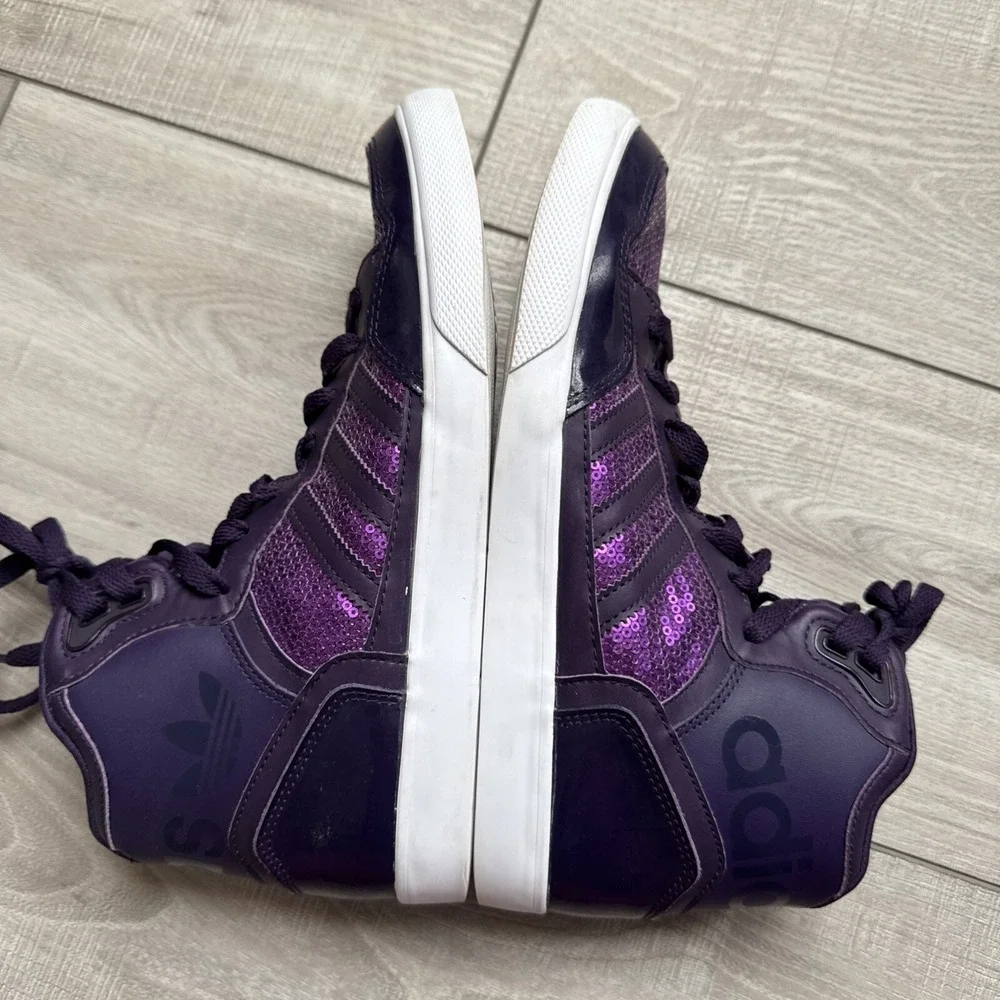Adidas Extaball High Top Sneakers Womens Shoes US 8 Dark Violet Sequins White